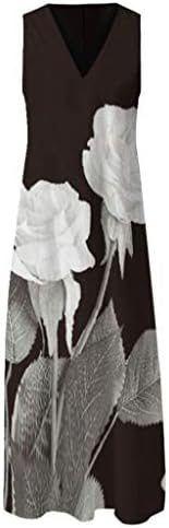 Рокля на бретелях с джобове, Плажен сарафан без ръкави с цветен принтом в стил Бохо, V-образно деколте, Макси рокля