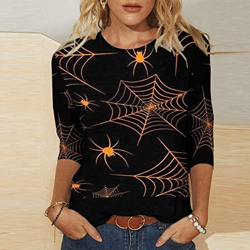 Дамски Свободна тениска с принтом Хелоуин със Средна дължина, с 3/4 ръкави, Есенна Блуза с кръгло деколте, Ежедневни,