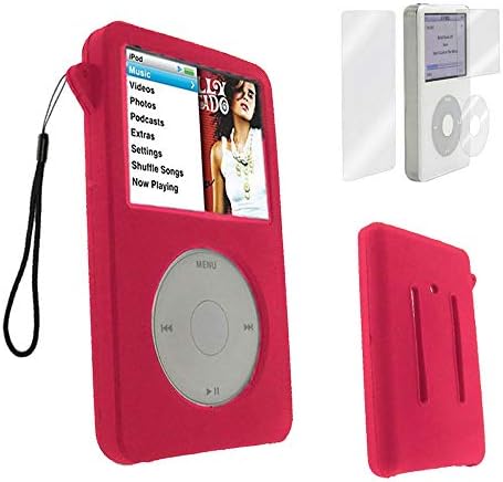 калъф за iPod Classic, Силиконов калъф за Apple iPod Classic 6-7 80 GB, 120 GB Тънък 160 GB и iPod 5th 30 gb + Защитно фолио за екрана и каишка -тънка версия на дебелина 10,5 мм (червен)
