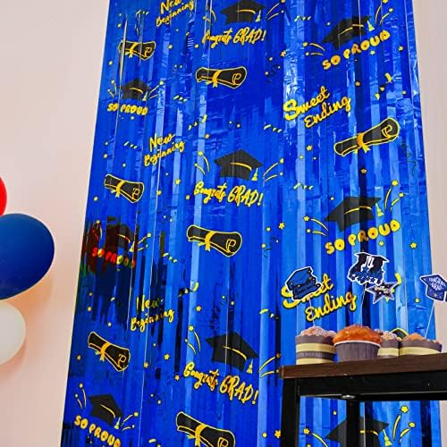 Пердета с ресни от фолио по темата-Абитуриентски Мега-L, Декорация за Абитуриентски партита 2023, 2 Подпори за фотобудки син цвят размер на 3,3 х 6,6 фута, Фон с Серпантино